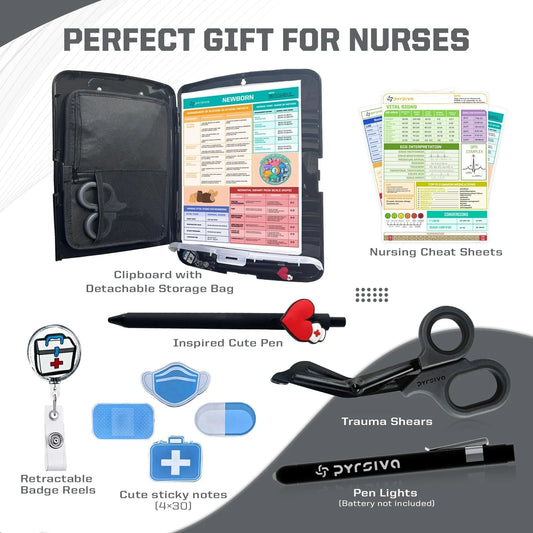 Nursing Kit – Nurse Accessories for Work | Trauma Shears, Clipboard with Storage, Badge Reel, Pen Light, Sticky Notes, Pen & Cheat Sheet – for Nursing Students & Professionals (Copy)