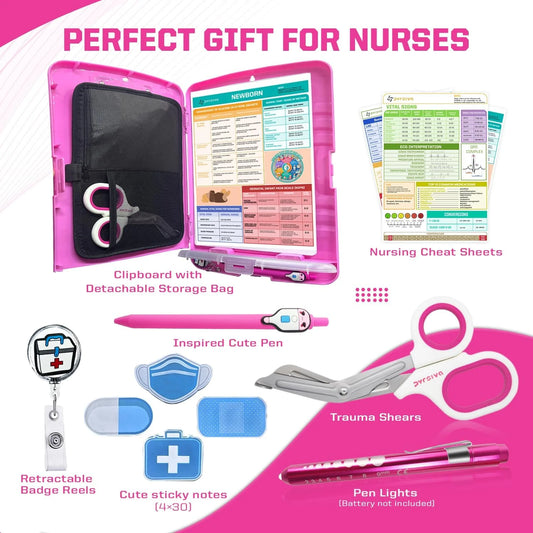 Nursing Kit – Nurse Accessories for Work | Trauma Shears, Clipboard with Storage, Badge Reel, Pen Light, Sticky Notes, Pen & Cheat Sheet – for Nursing Students & Professionals