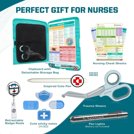 Nursing Kit – Nurse Accessories for Work | Trauma Shears, Clipboard with Storage, Badge Reel, Pen Light, Sticky Notes, Pen & Cheat Sheet – for Nursing Students & Professionals (Copy) (Copy)