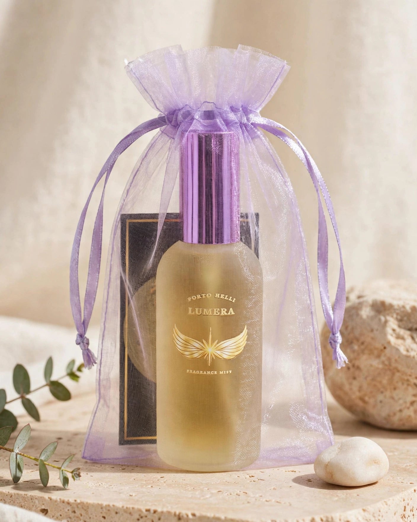 PORTO HELLI LUMERA Fragrance Mist in a lavender organza pouch with presentation card