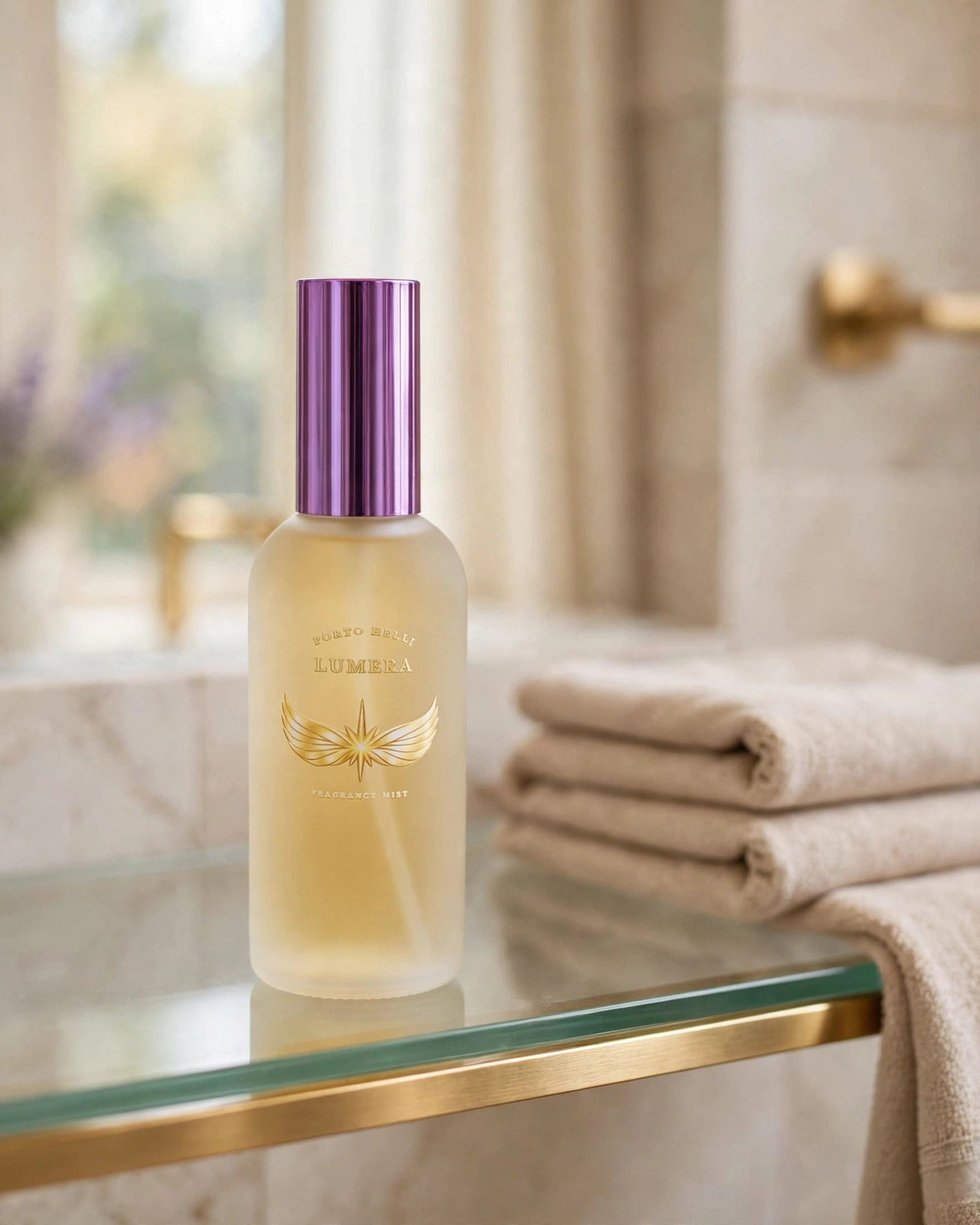 LUMERA Fragrance Mist 100 mL displayed on an elegant glass bathroom shelf